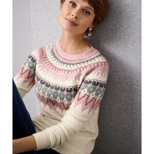 Talbots Icicle Fair Isle Sweater Cream Pink Bow Back Sequin Size XL Winter